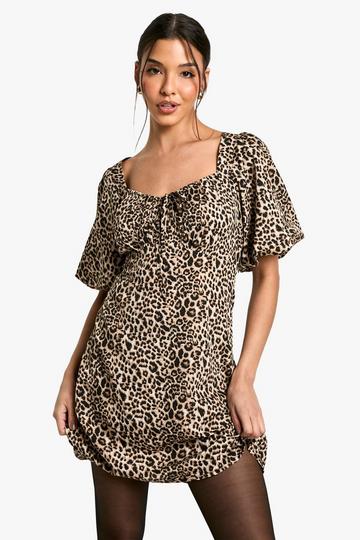 Brown Leopard Puff Sleeve Mini Dress