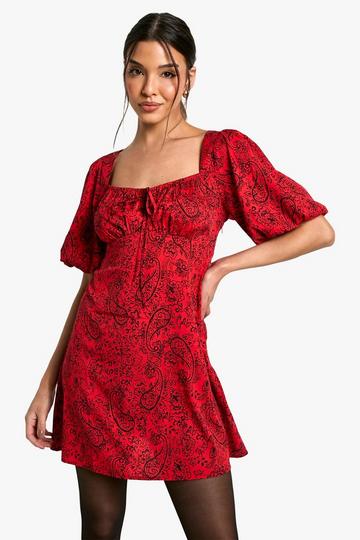 Paisley Puff Sleeve Mini Dress red