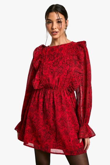 Paisley Ruffle Skater Dress red