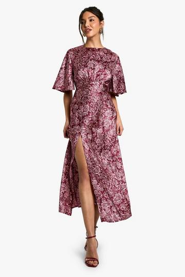 Paisley Angel Sleeve Satin Midaxi Dress plum