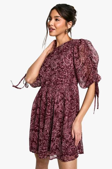 Paisley Ruched Sleeve Mini Dress plum