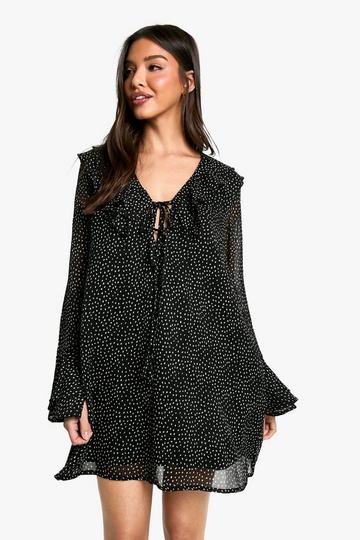 Black Polka Dot Ruffle Shift Mini Dress