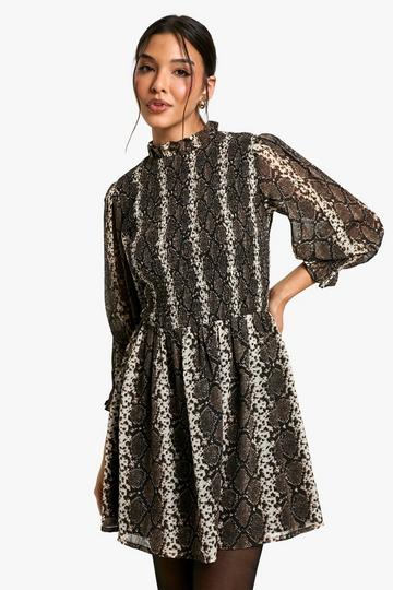 Snake Shirred Smock Dress brown