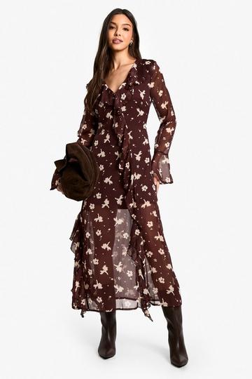 Dark Floral Ruffle Midaxi Dress brown