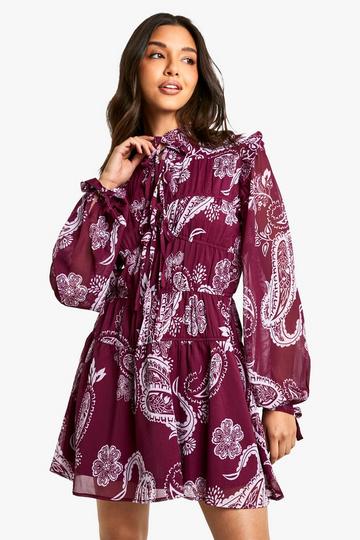 Gesmokte Chiffon Paisley Jurk Met Strik plum