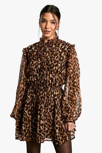 Leopard Tie Chiffon Smock Dress brown