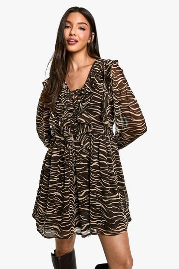 Gesmokte Zebraprint Jurk Met Ruches black