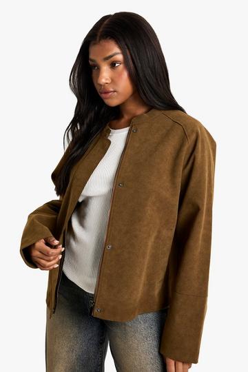 Brown Suede Look Bomber Jacket