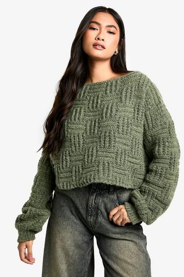 Square Knit Detail Oversized Crop Jumper khaki