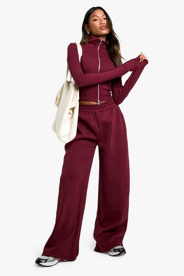 Rib Seam Detail Double Zip Top And Straight Leg Jogger Set burgundy