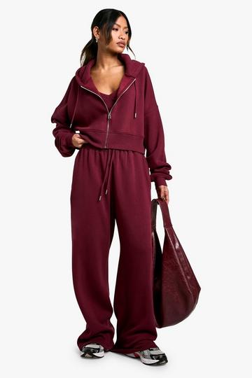 Ribbed V Neck Top 3 Piece Hooded Tracksuit burgundy