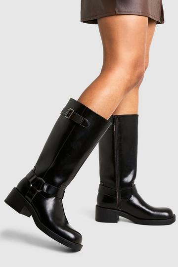 Vintage Look Harness Detail Biker Knee High Boot brown