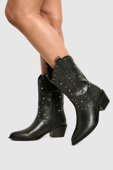 Studded Embossed Detail Heeled Western Boots black