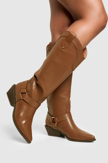 Tan Brown Western Style Harness Detail Knee High Boots