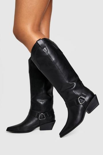 Western Style Harness Detail Knee High Boots black