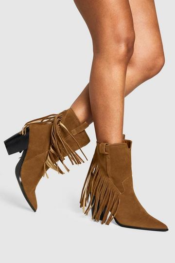 Faux Suede Fringe Tassel Detail Heeled Western Ankle Boot tan