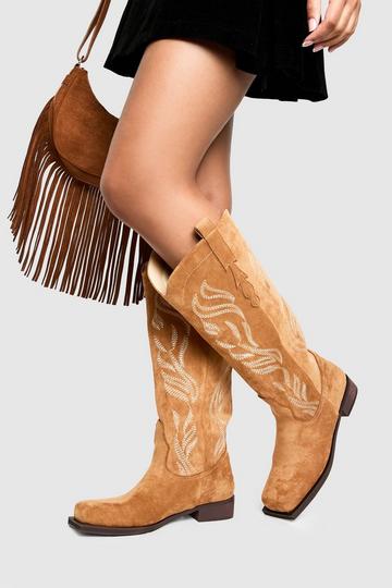 Tan Brown Faux Suede Embroidered Flat Western Boots