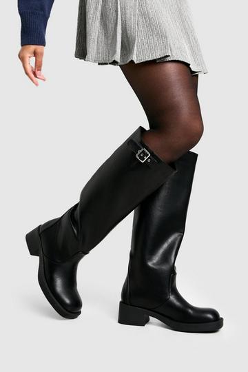 Vintage Look Buckle Detail Knee High Boot black