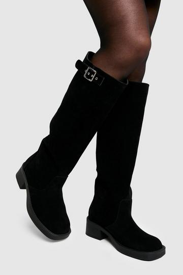 Black Faux Suede Buckle Detail Knee High Boot