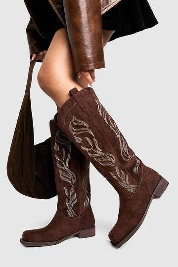 Embroidered Detail Flat Western Boots brown