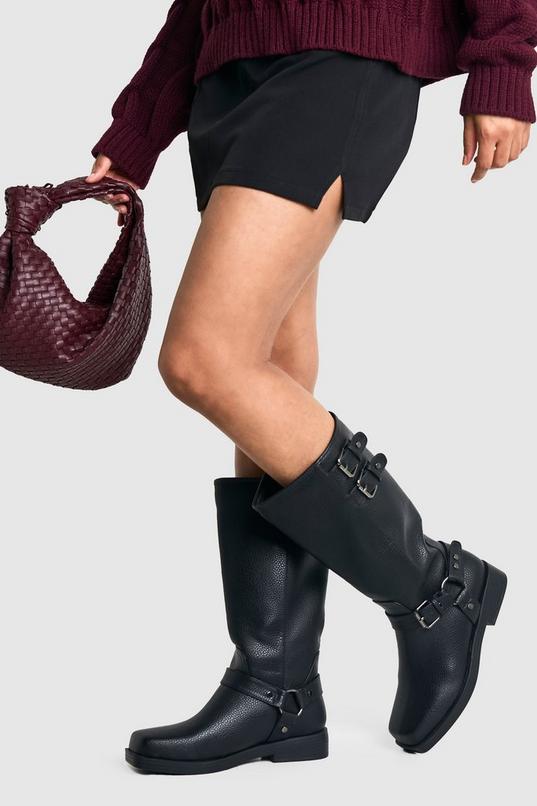 Textured Leather Look Biker Buckle Detail Boots | boohoo USA Textured Leather Look Biker Buckle Detail Boots | boohoo USA
