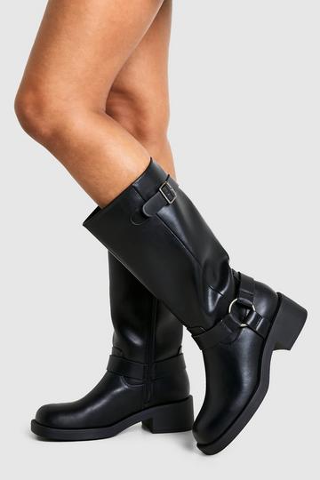 Black Textured Harness Detail Biker Knee High Boot