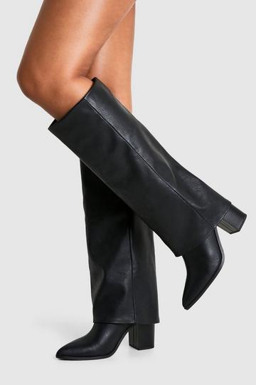 Textured Foldover Stacked Heel Knee High Boots black