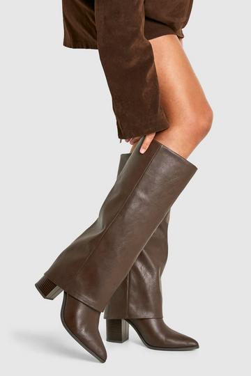 Textured Foldover Stacked Heel Knee High Boots brown