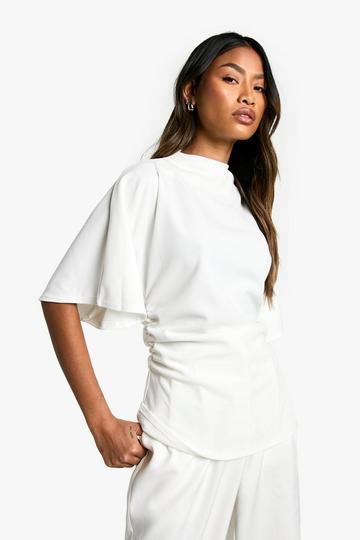 Jersey Crepe High Neck Flared Sleeve Blouse ivory