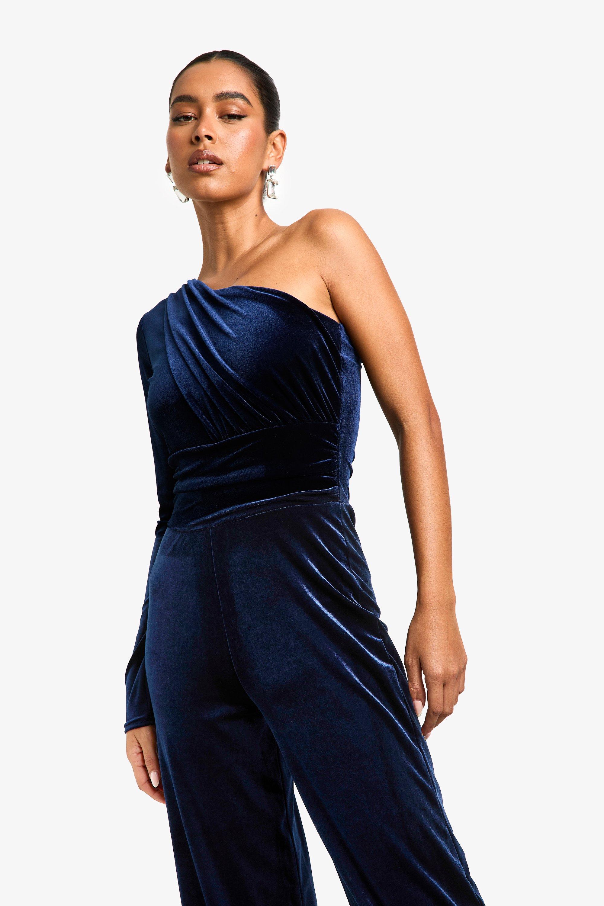 Velvet Ruched One Shoulder Jumpsuit