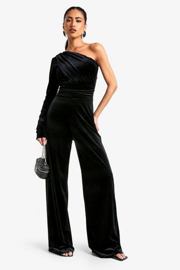 Black Ruched One Shoulder Wide Leg Jumpsuit