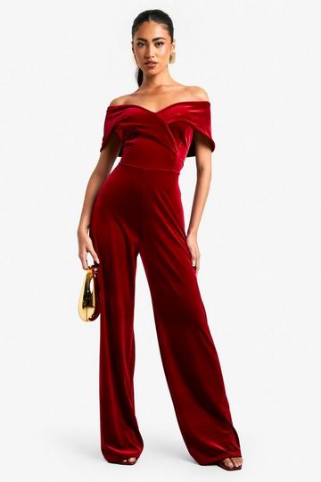 Velvet Bardot Wide Leg Jumpsuit berry