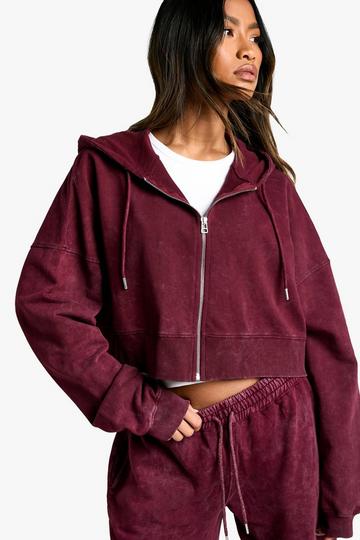 Burgundy Red Overdyed Boxy Crop Zip Through Hoodie