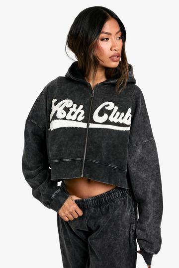 Ath Club Acid Wash Boxy Crop Zip Through Hoodie charcoal