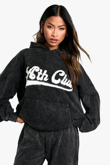 Ath Club Slogan Applique Acid Wash Oversized Hoodie charcoal