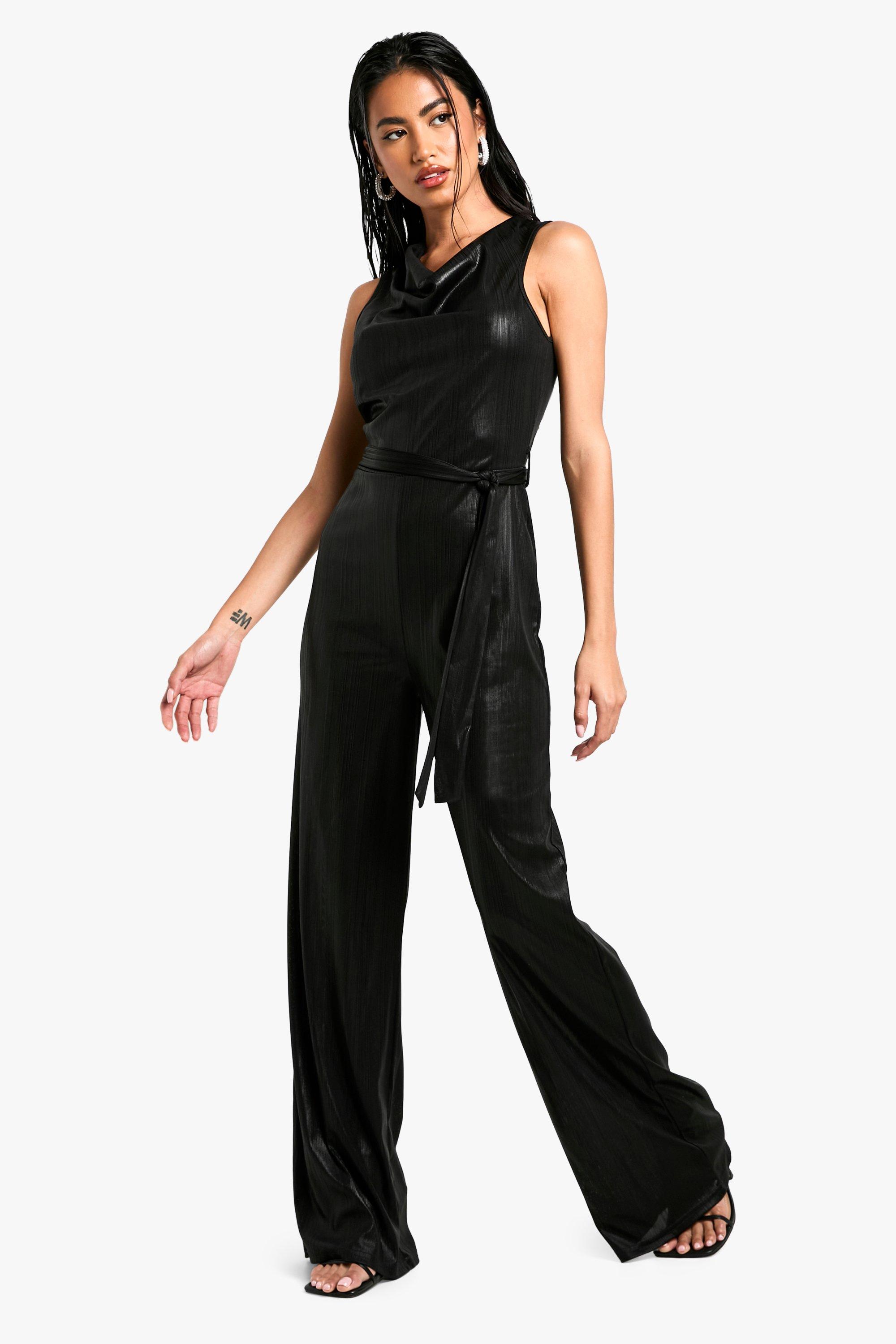 Metallic Folien Jumpsuit mit Wasserfallausschnitt