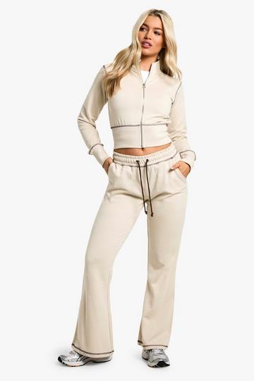 Contrast Stitch Shrunken Top And Flared Jogger Tracksuit stone