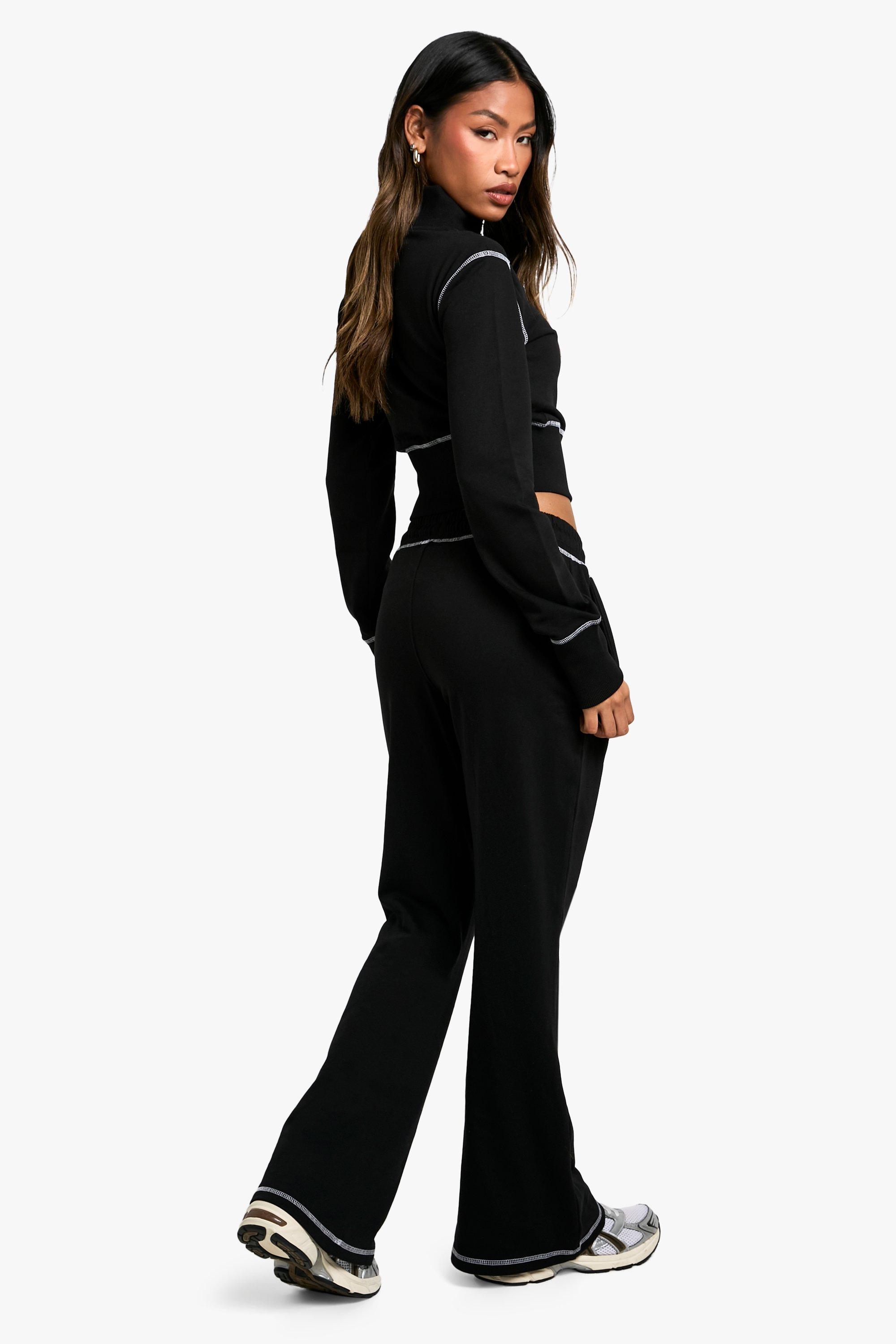 Contrast Stitch Shrunken Zip Through Sweat And Flared Jogger Tracksuit