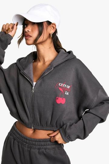 Cherry Slogan Boxy Crop Zip Through Hoodie charcoal