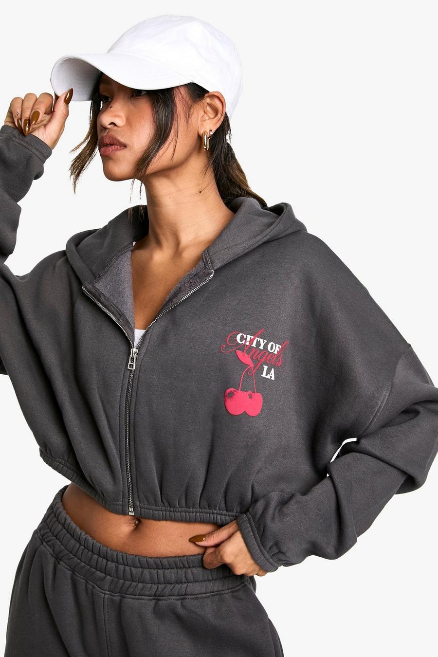 Cherry Slogan Boxy Crop Zip Through Hoodie | boohoo USA Cherry Slogan Boxy Crop Zip Through Hoodie | boohoo USA