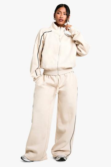 Cream White Piping Detail Zip Through Straight Leg Tracksuit