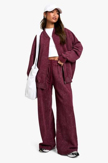 Burgundy Red Washed Zip Through Bomber Straight Leg Jogger Tracksuit