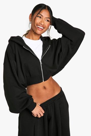 TUCKED HEM DETAIL ZIP THROUGH CROPPED OVERSIZED HOODIE black