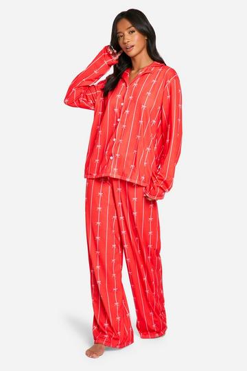 Petite Pinstripe Bow Print Pajama Set red