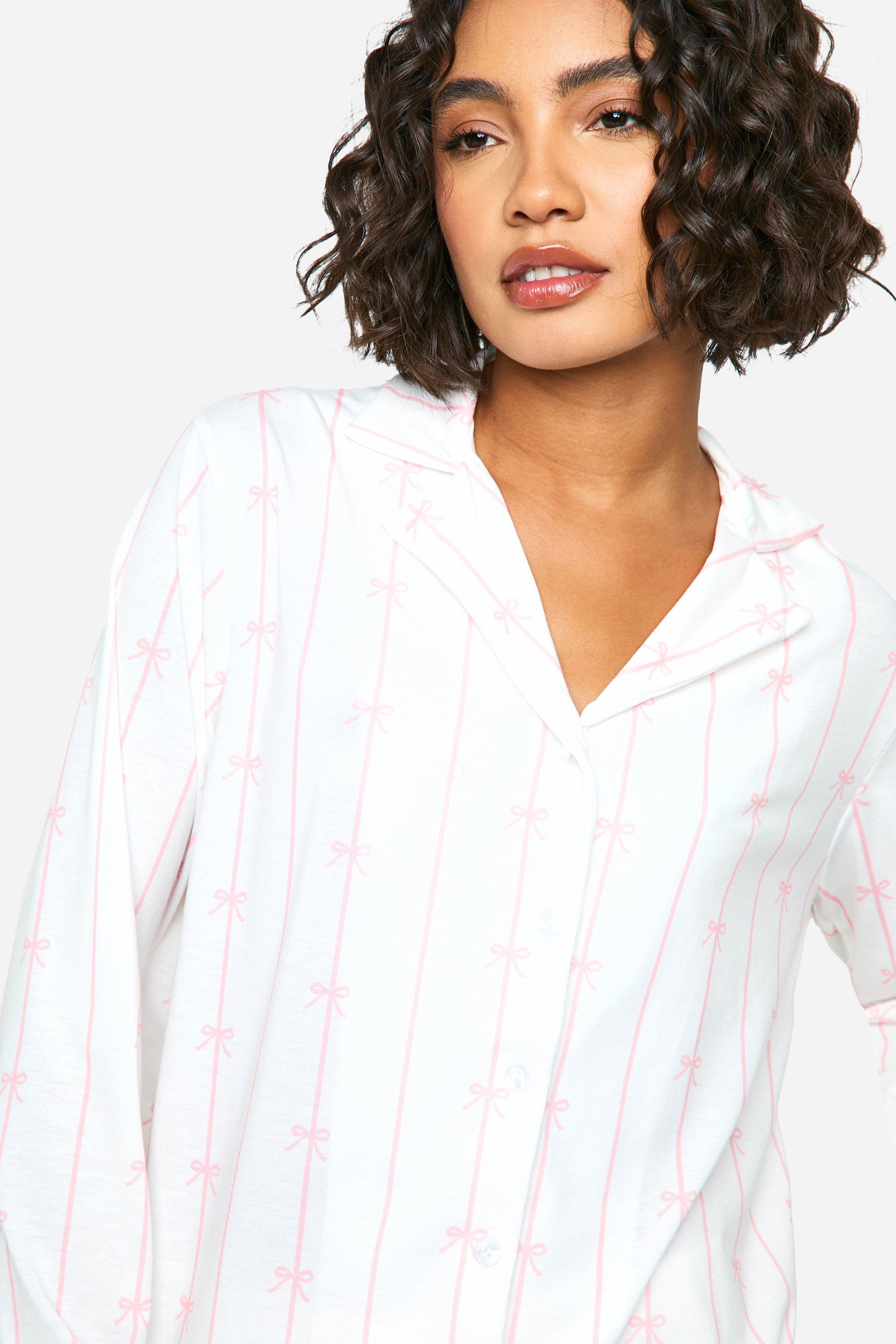 Boohoo Women s Tall Pinstripe Bow Print Pyjama Set White