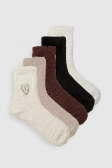 Tonal Heart Embroidered Fluffy Bed Sock 5 Pack multi