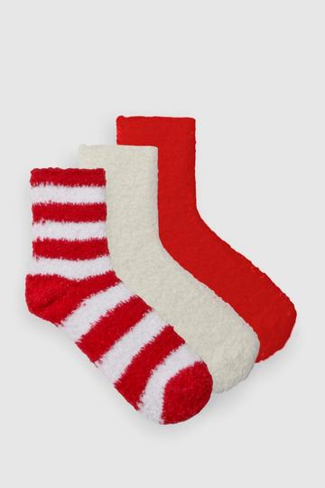 Red Red and White Stripe Fluffy Bed Sock 3 Pack