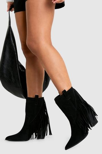 Wide Fit Faux Suede Fringe Tassel Detail Heeled Western Ankle Boot black