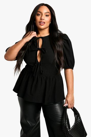 Plus Crinkle Tie Front Puff Sleeve Smock Top black