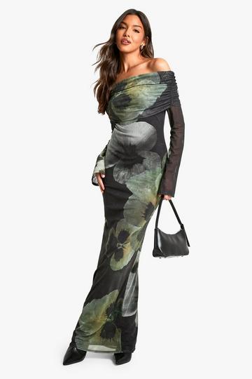 Floral Bardot Mesh Maxi Dress green